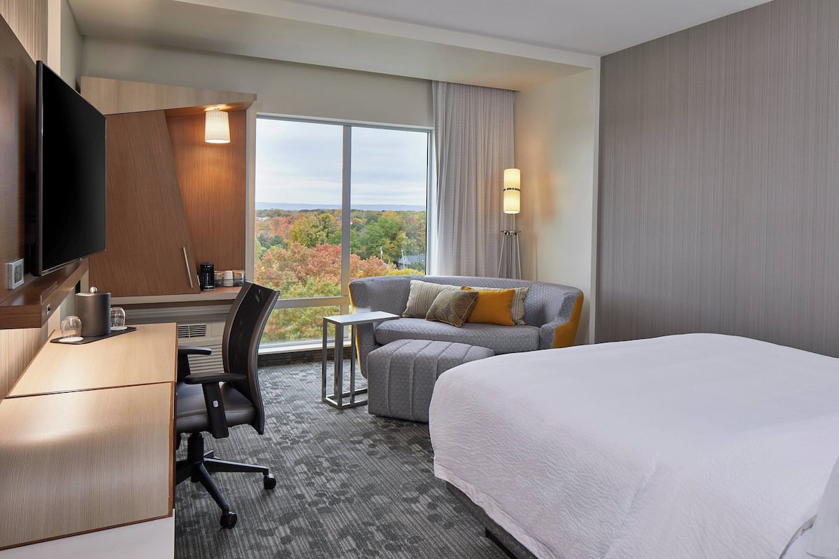 Habitación de hotel con una cama grande, un sofá, un escritorio con televisor de pantalla plana y vistas a follaje otoñal a través de un ventanal amplio.