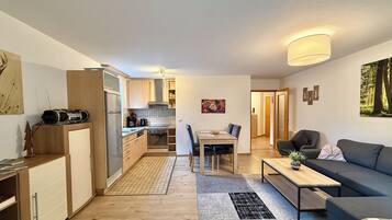 テレビ、DVD プレーヤー、卓球台、書庫