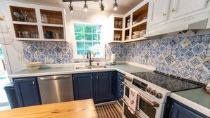 Cucina con pensili blu, lavastoviglie in acciaio inossidabile, piano cottura e finestra vista verde.