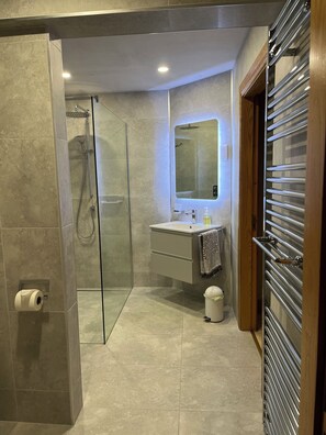 Regadera, secadora de cabello, toallas, papel de baño 