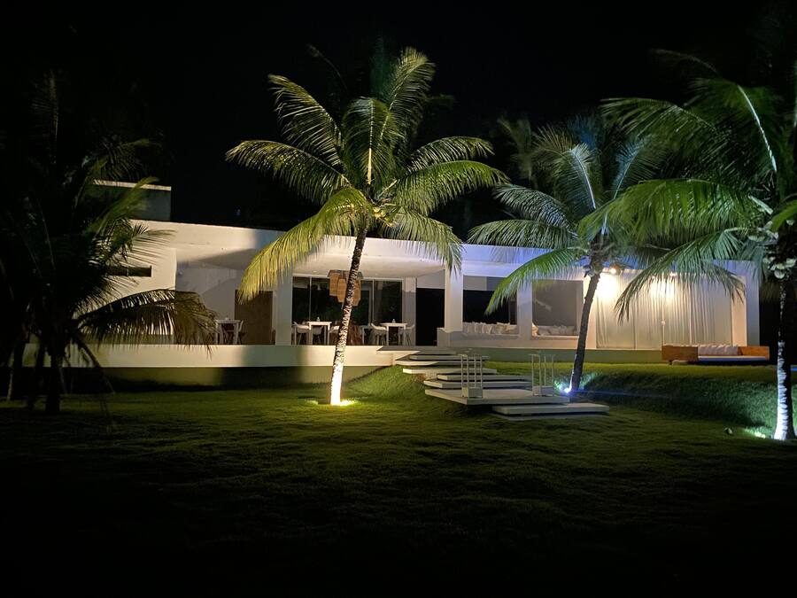Una casa moderna con piscina, palmeras y mobiliario de exterior.