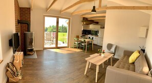 Televisio, takka, kirjoja, stereot