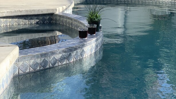 A swimming pool with a tiled edge, potted plants, and a stone structure in the background.