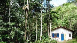 A small white building with a blue door and windows, surrounded by dense tropical vegetation and tall trees.