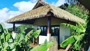 A thatched-roof structure with large windows, surrounded by lush tropical foliage. - Rainbow Villas (Rarotonga)