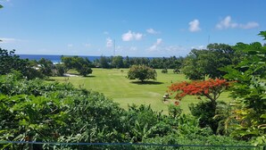 A lush golf course with a clear view of the ocean, surrounded by dense tropical vegetation. - Rainbow Villas (Rarotonga)