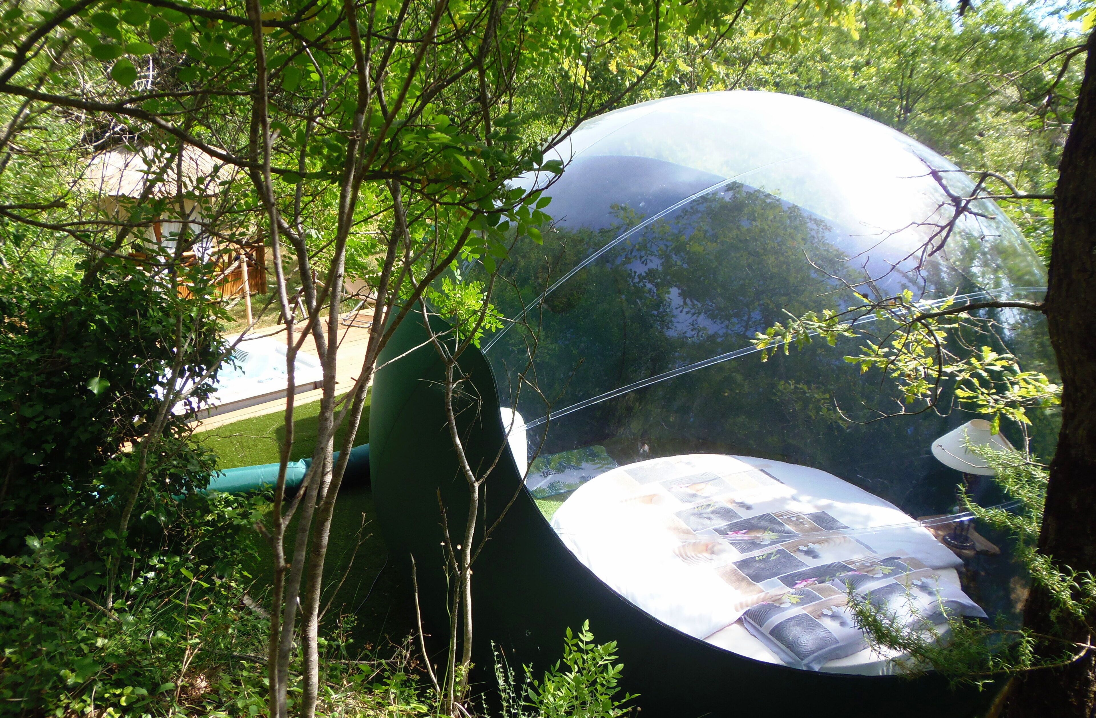 Une structure sphérique surmontée d’un dôme transparent, entourée d’arbres.