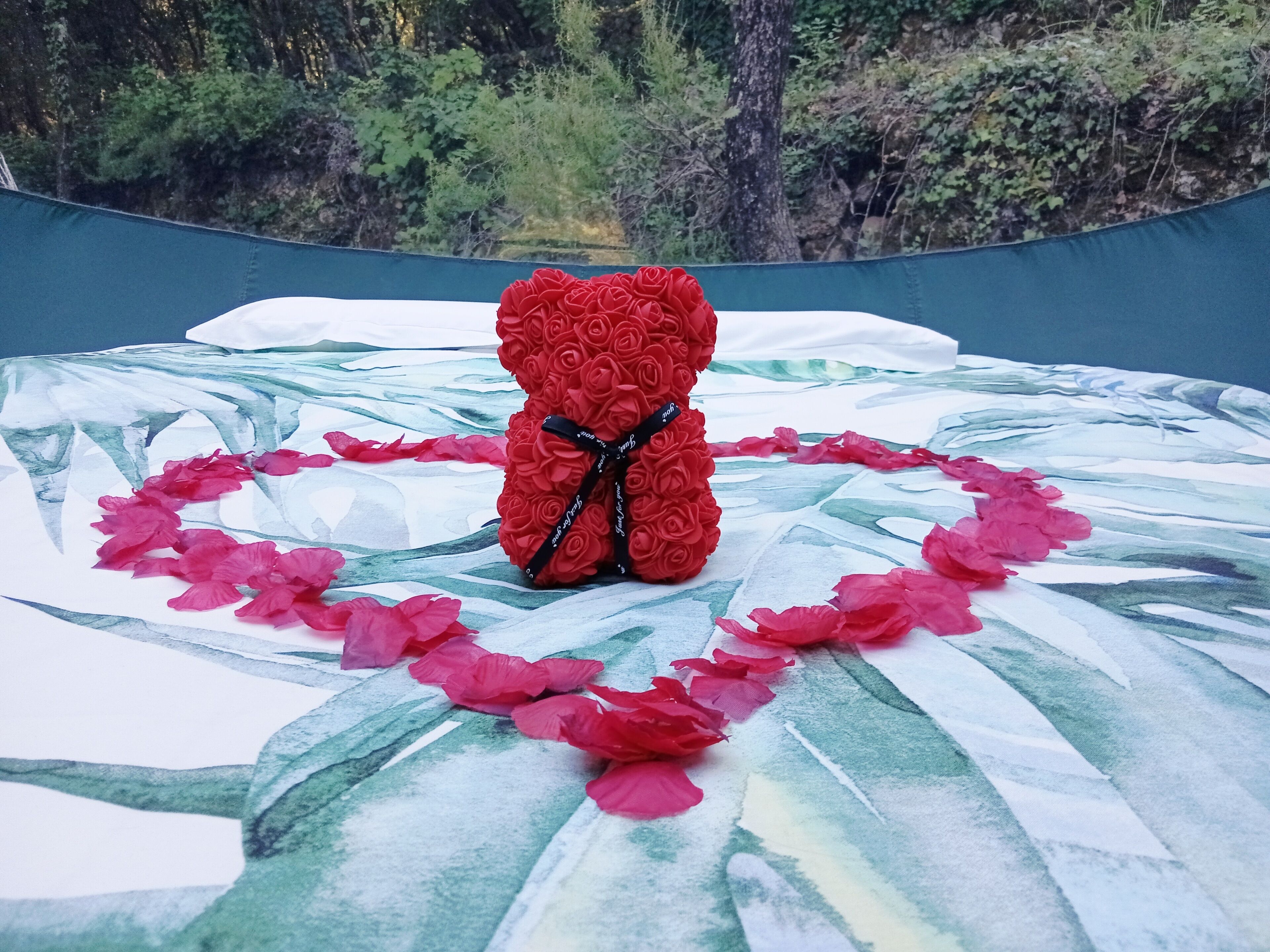 Une chambre avec un grand lit, un arrangement de fleurs rouges en forme de cœur et une vue sur les arbres et la verdure environnante.