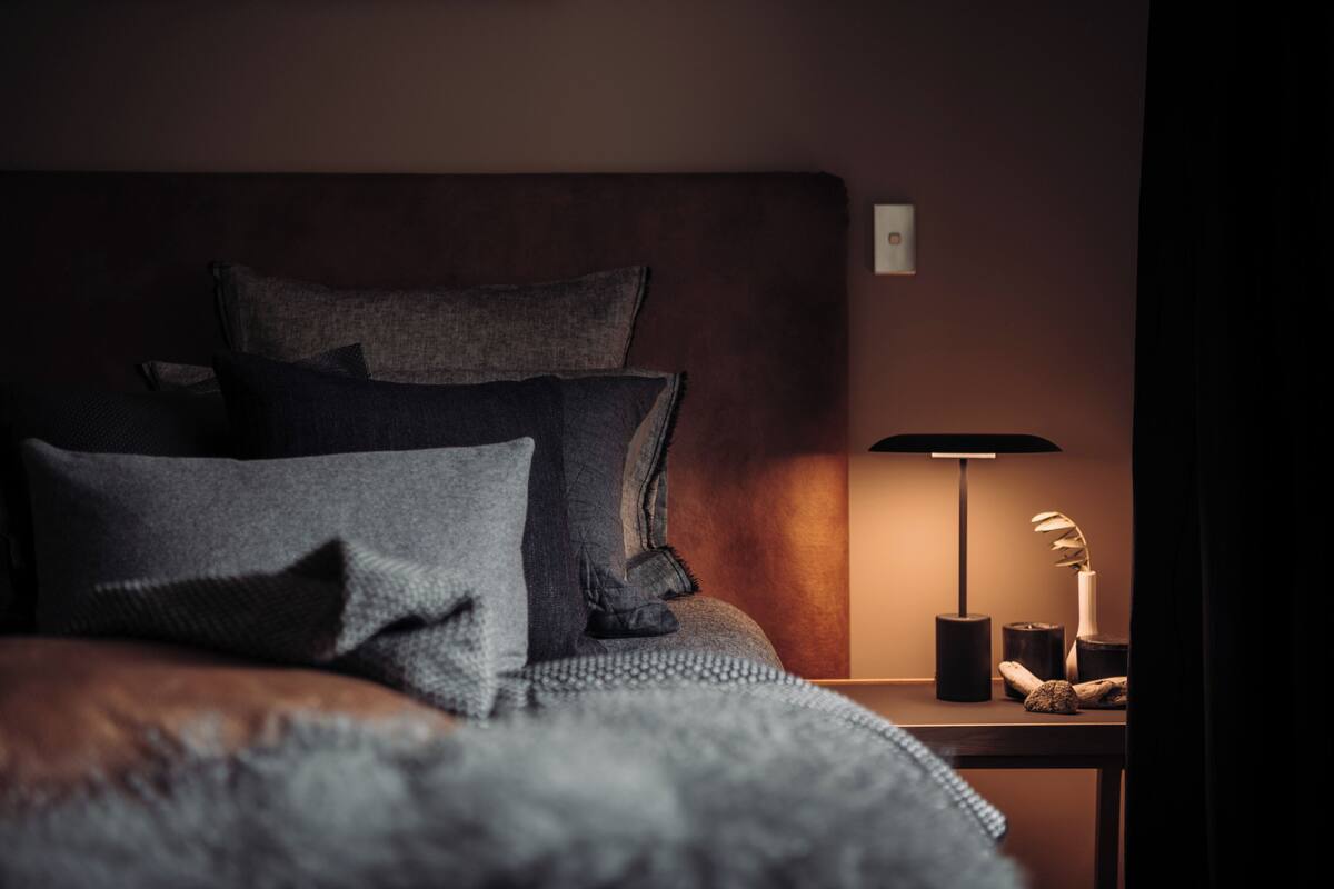 A dimly lit bedroom with a wooden headboard, a bedside table with a lamp, and a small plant.