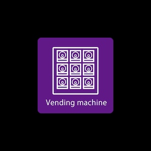 Icono de una máquina expendedora con fondo morado y el texto 'Vending machine' debajo.