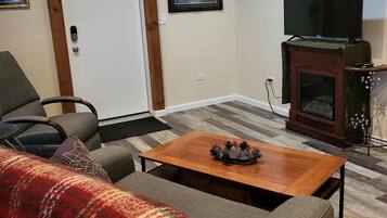 Smart TV, fireplace, DVD player, books