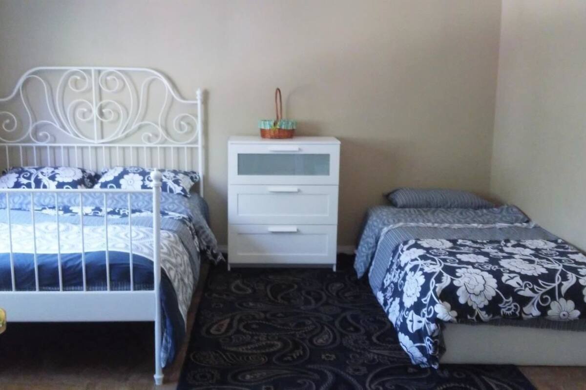 A bedroom with two beds, a nightstand, and a patterned rug.