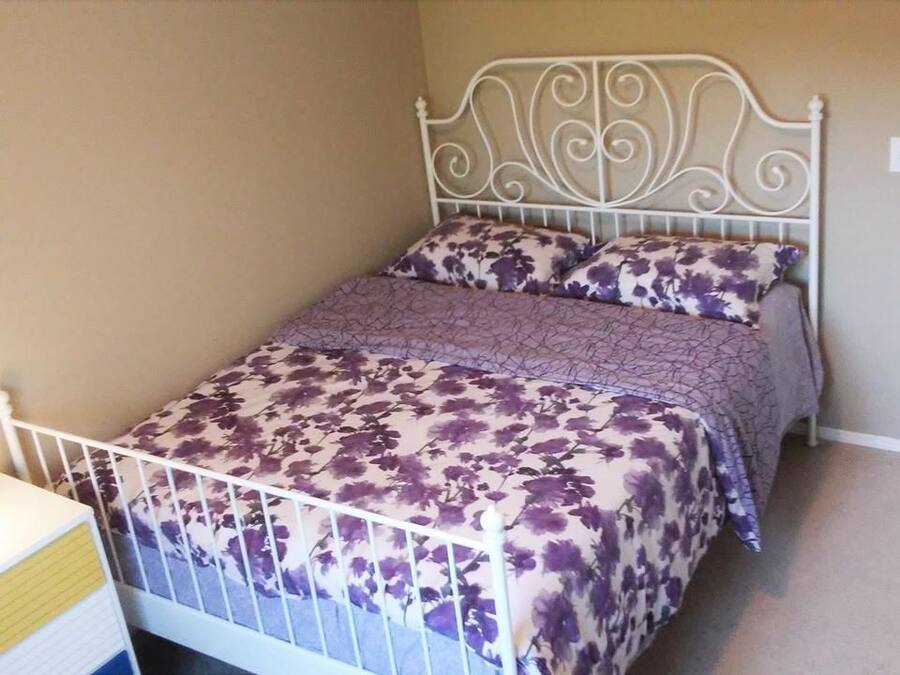 A single bed with a metal frame and floral bedding, a bedside table with a lamp, and a door to the right.