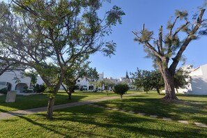 A courtyard with trees, a pathway, and white buildings with arches.