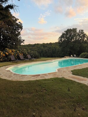 A swimming pool with a stone border, surrounded by grass and trees. - The Cottage - 2 miles to I-65 (Montevallo)