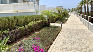 Un chemin bordé de haies et de plantes à fleurs, qui mène à un bâtiment moderne doté de balcons.