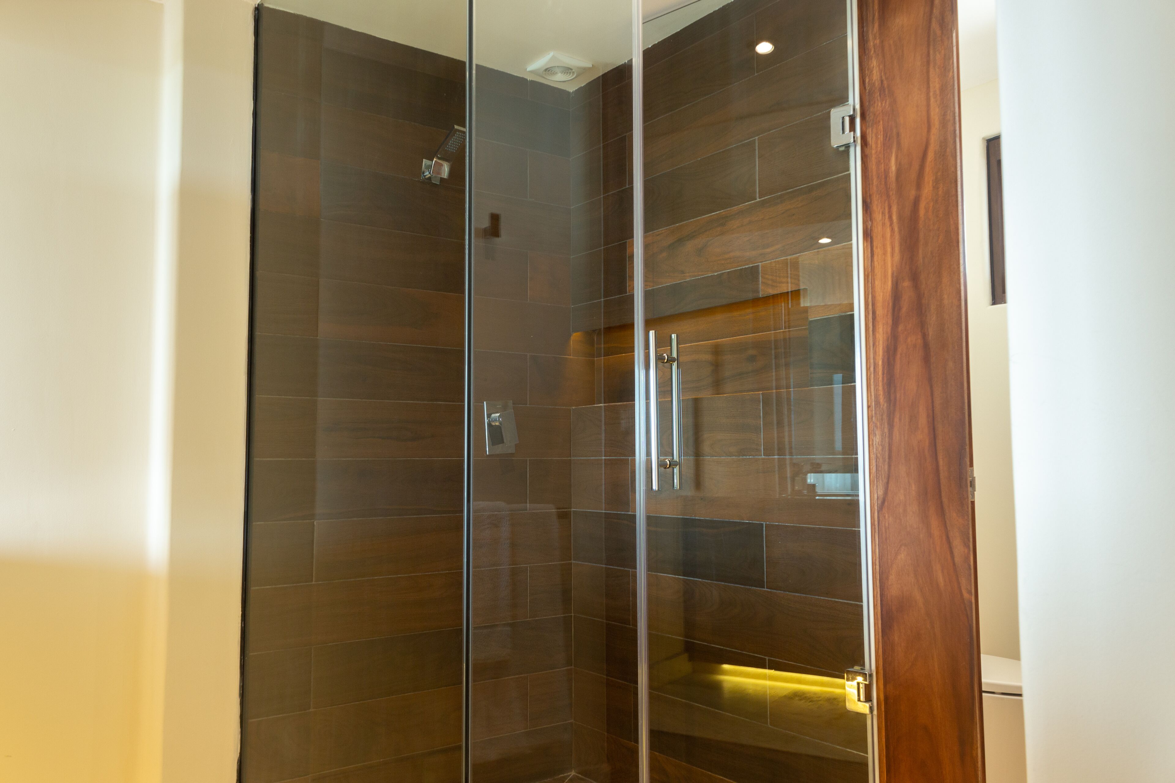 Ein modernes Badezimmer mit einer Duschkabine aus Glas, dunklen Holzbodenfliesen und einer Holztür.