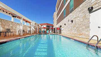 Outdoor pool, pool umbrellas, sun loungers