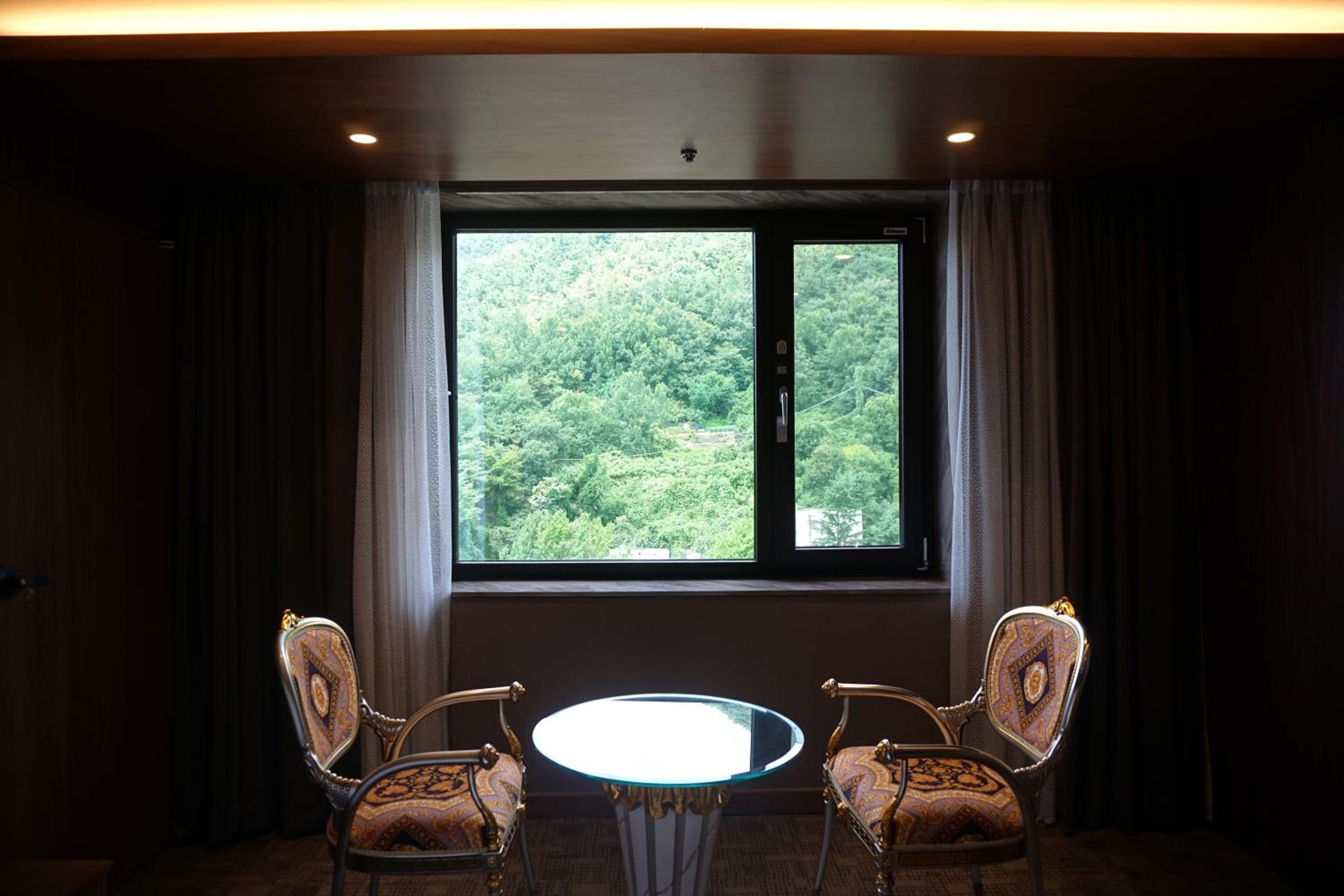 A room with two ornate chairs facing a round table, a large window with a forest view, and a ceiling light.