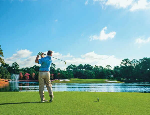 A golf course with a pond, trees, and a clear sky.