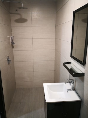 Shower, rainfall showerhead, hair dryer, bathrobes