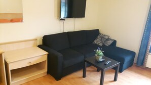 A living room with a black sofa, a small wooden table, a TV mounted on the wall, and a potted plant on the table.