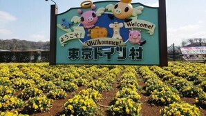 A sign with cartoon characters and the text "Welcome! Willkommen! Willkommen! 東京ドーム村". - Hotel Swan Lake Nagara (Ichihara)