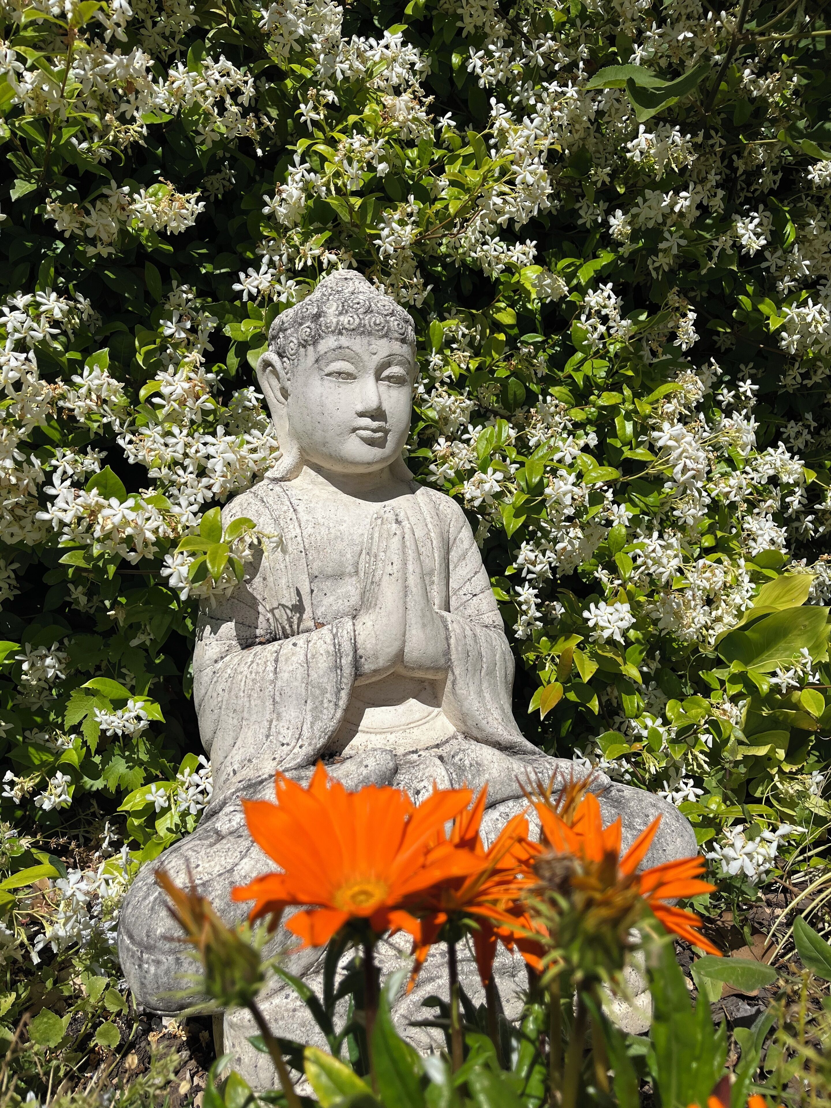 A stone Buddha statue surrounded by white flowers and orange flowers.