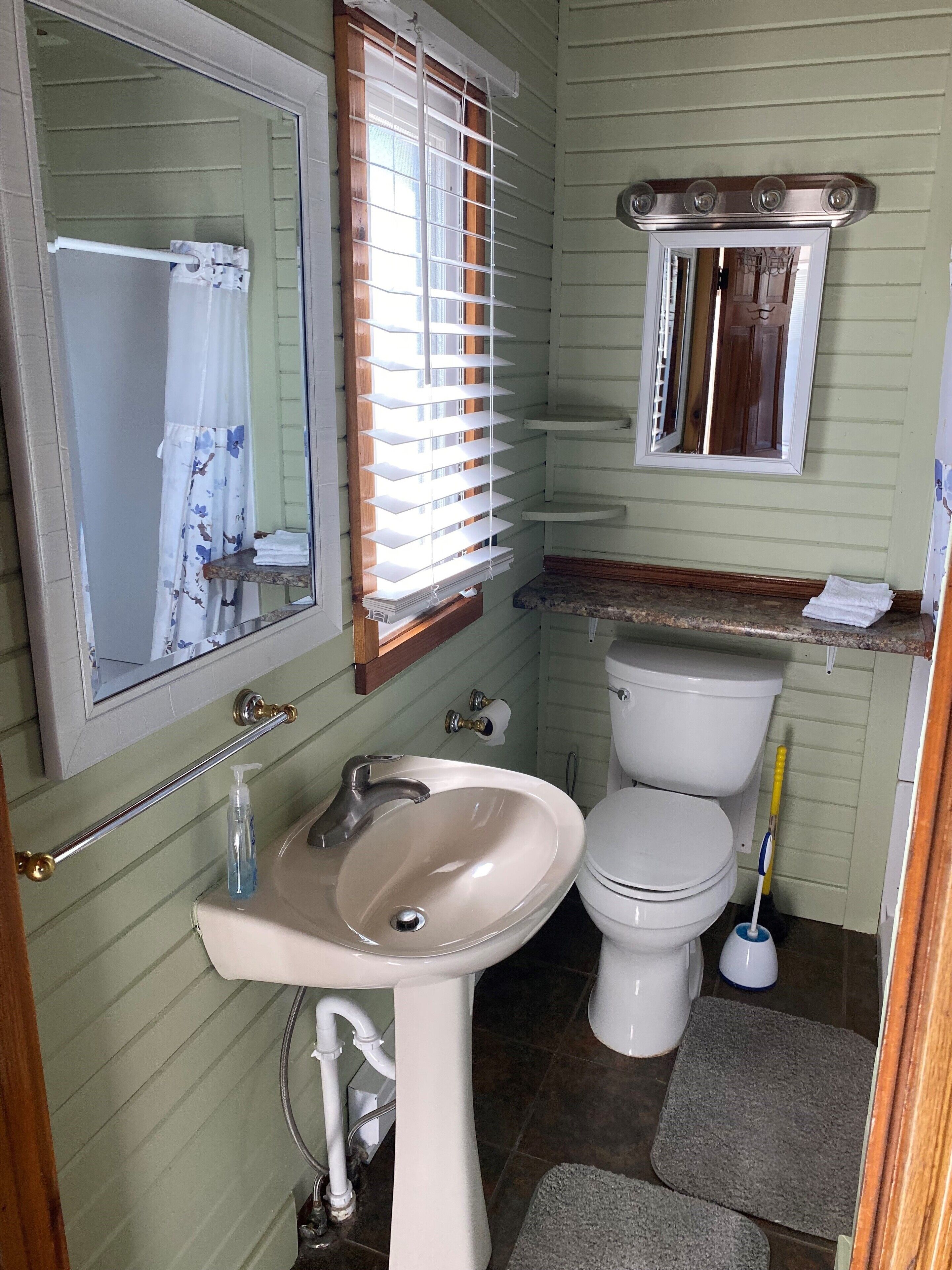 Ein kleines Badezimmer mit einem Standwaschbecken, einer Toilette und einem Spiegel darüber.