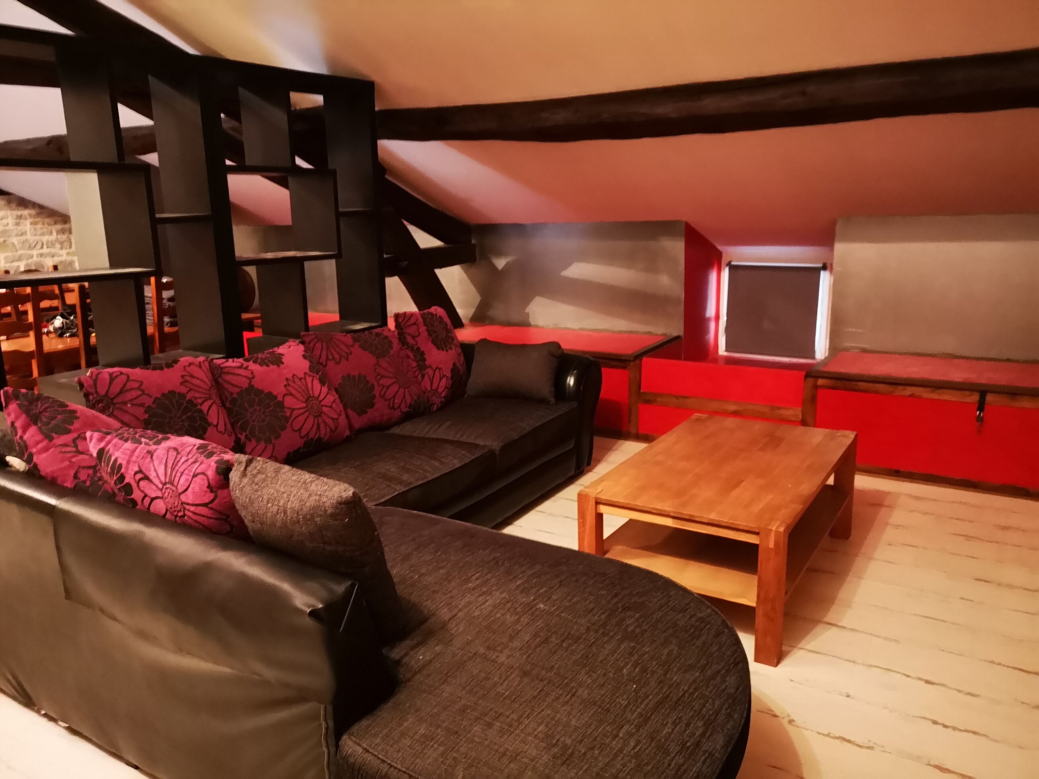 TV, foosball, books, stereo