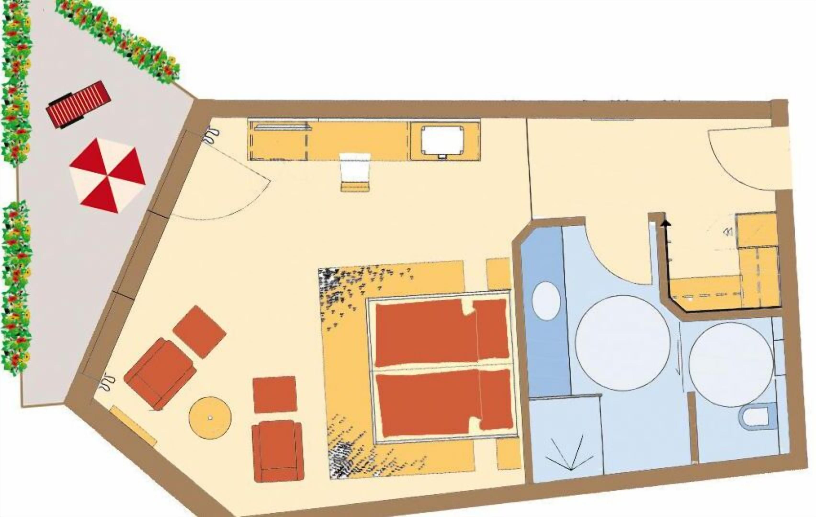 A floor plan of a hotel with a kitchen area, dining area, and a pool.