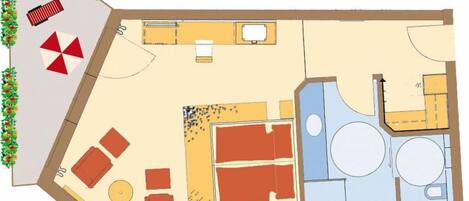 A floor plan of a hotel with a kitchen area, dining area, and a pool.