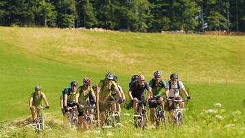 A group of cyclists on a grassy field with trees in the background.