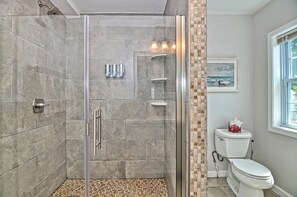 Hair dryer, towels, soap, shampoo