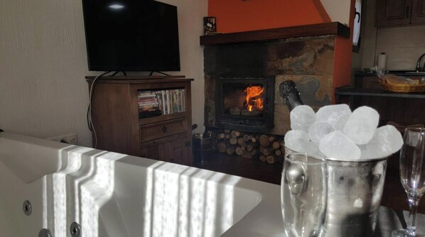 A living room with a fireplace, a television, and a bookshelf. - Rural apartment Aptos. Turísticos La Reserva for 2 people (Pajaroncillo)