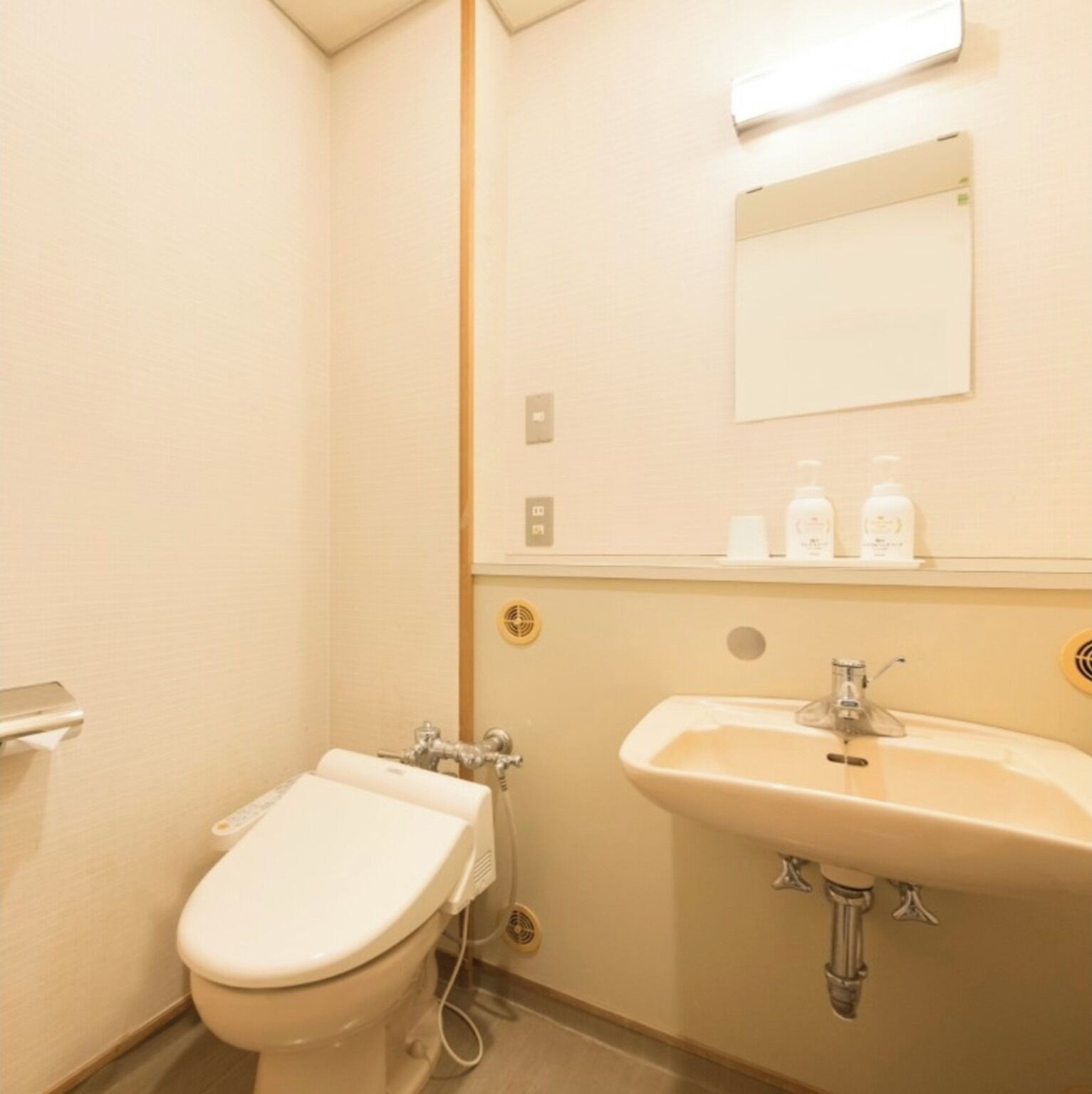 Un baño pequeño con inodoro, lavamanos y espejo.