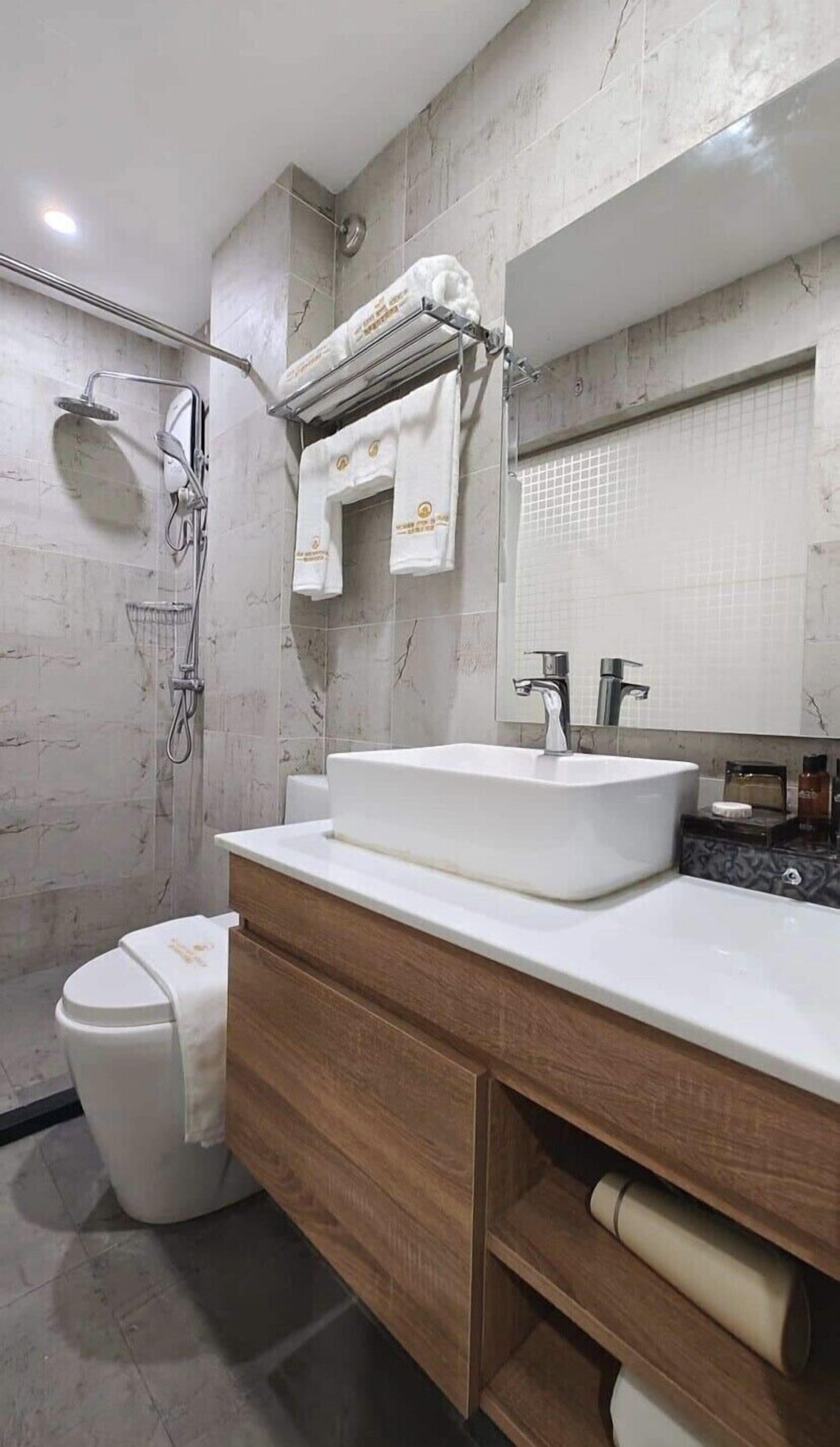 A modern bathroom with a large sink, a shower, and a toilet.