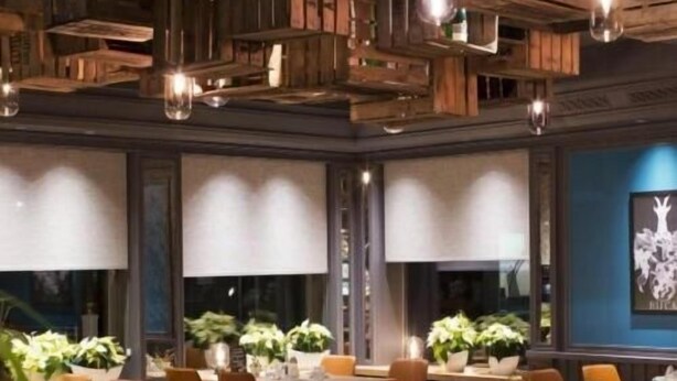 A restaurant with wooden ceiling panels, tables with chairs, and potted plants. - Hotel Buck (Bad Urach)
