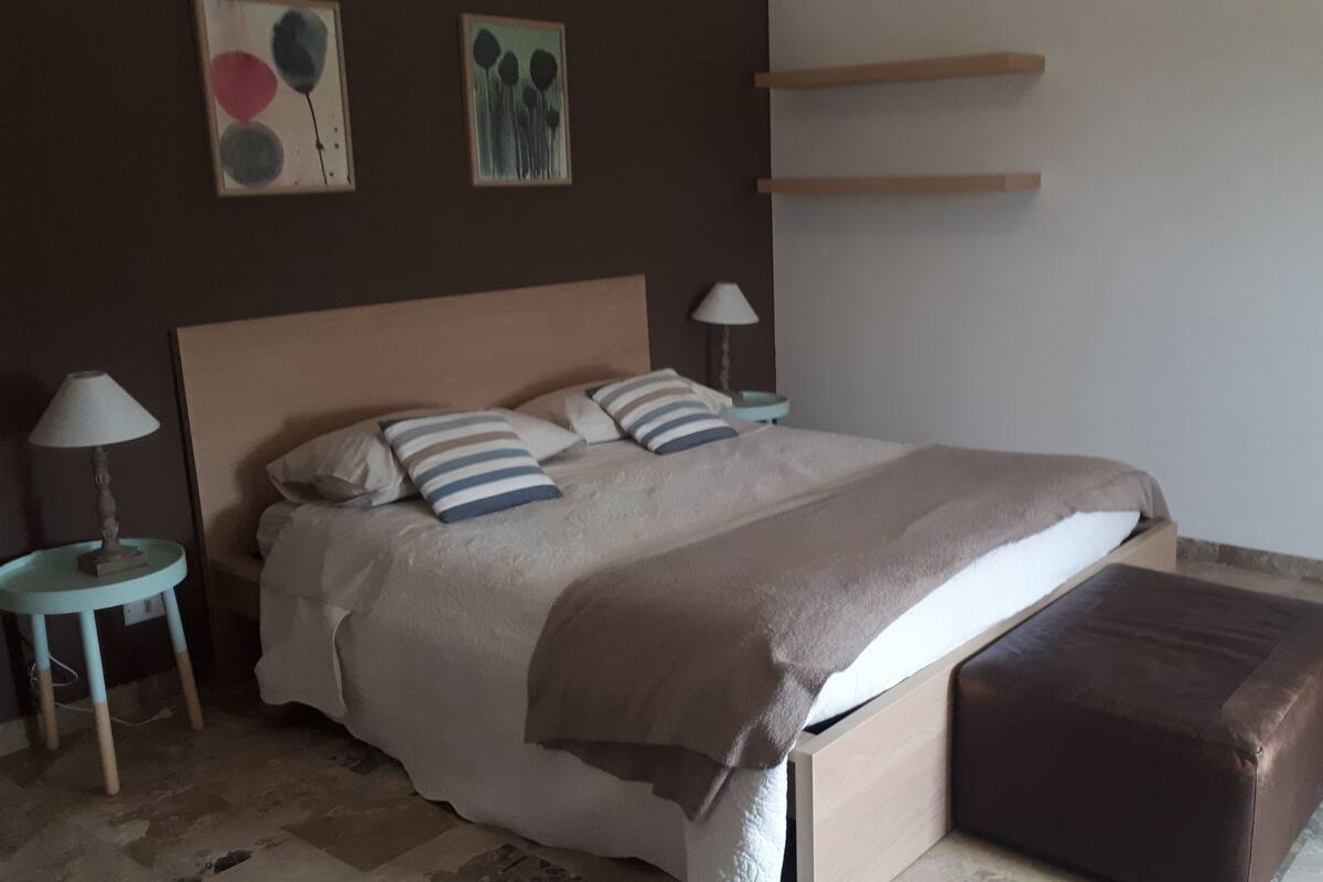 Une chambre à coucher avec un lit, des oreillers, une table de chevet avec une lampe, une autre table de chevet avec une lampe, et un mur orné de deux tableaux.