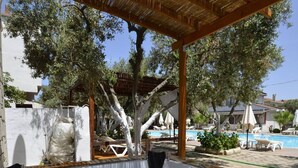 Zona de banyera d'hidromassatge amb una pèrgola, envoltada d'arbres i una piscina al fons.