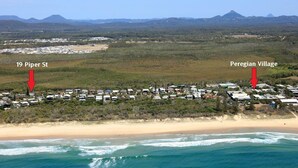 An aerial view of a coastal area with two marked locations: 19 Piper St and Peregian Village. - Heart of Peregian, 19 Piper Street, Peregian Beach, Noosa Area (Peregian Beach)
