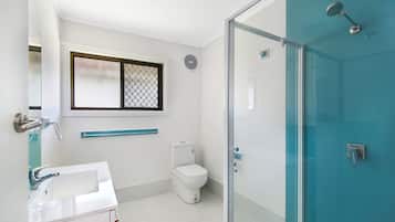 A modern bathroom with a glass shower enclosure, a white sink, and a toilet.