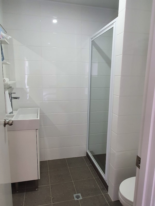 A small, modern bathroom with a white sink, a toilet, and a glass shower enclosure. - The Parade Hotel (East Bunbury)