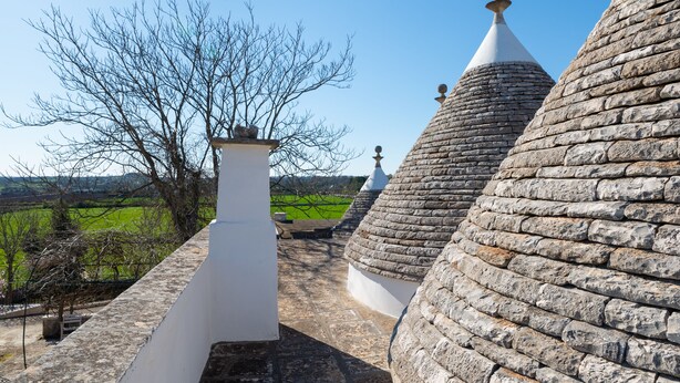 A stone-roofed building with a white chimney and a view of a green landscape. - Stile e relax nei trulli by Wonderful Italy (Martina Franca)