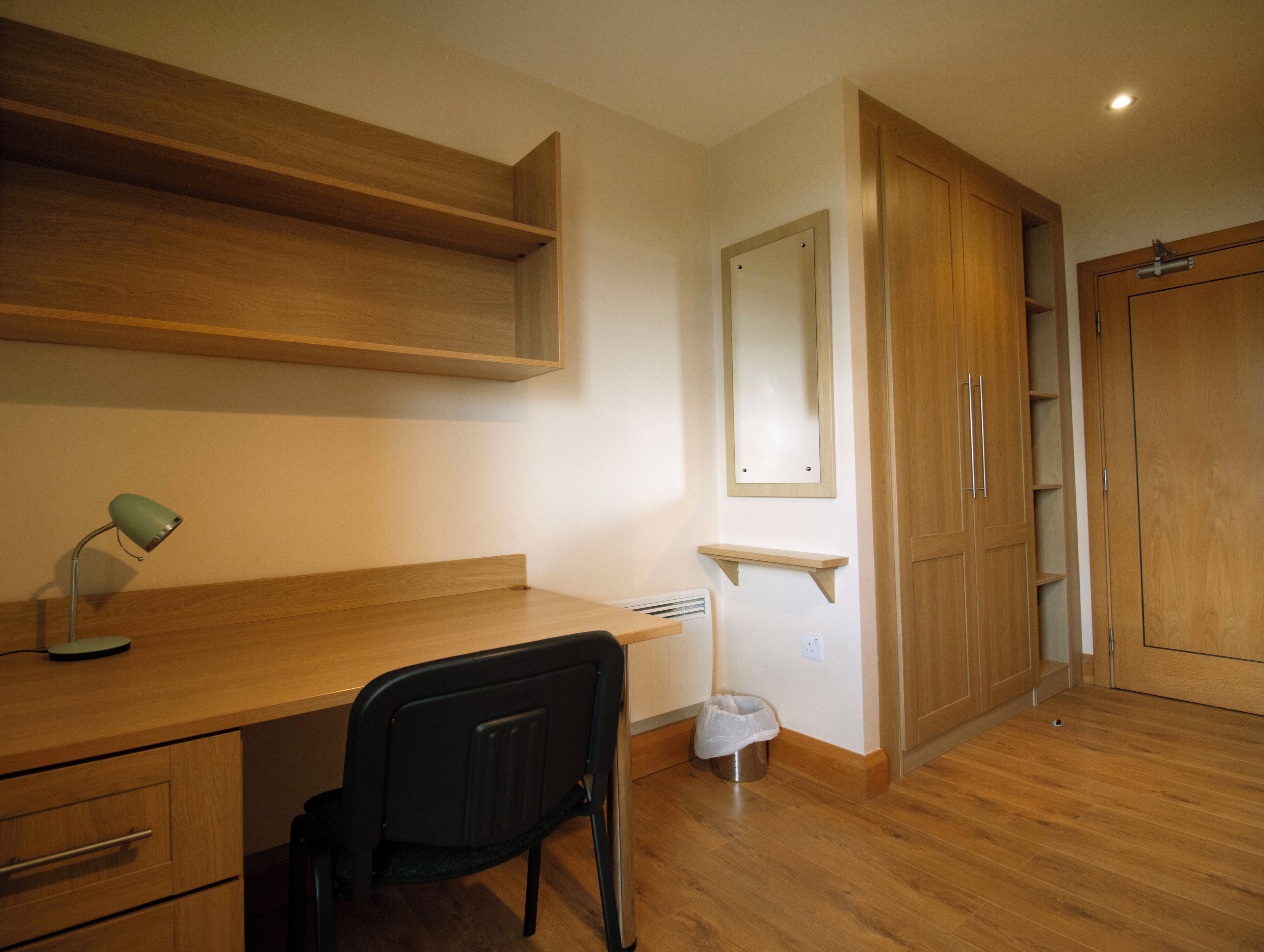 A room with a wooden desk, a chair, a small trash bin, a mirror, and a wardrobe.