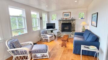 Smart TV, fireplace, books, stereo