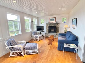 Smart TV, fireplace, books, stereo