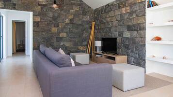 Ferienhaus, 2 Schlafzimmer, Terrasse, Meerseite | Wohnzimmer | Flachbildfernseher