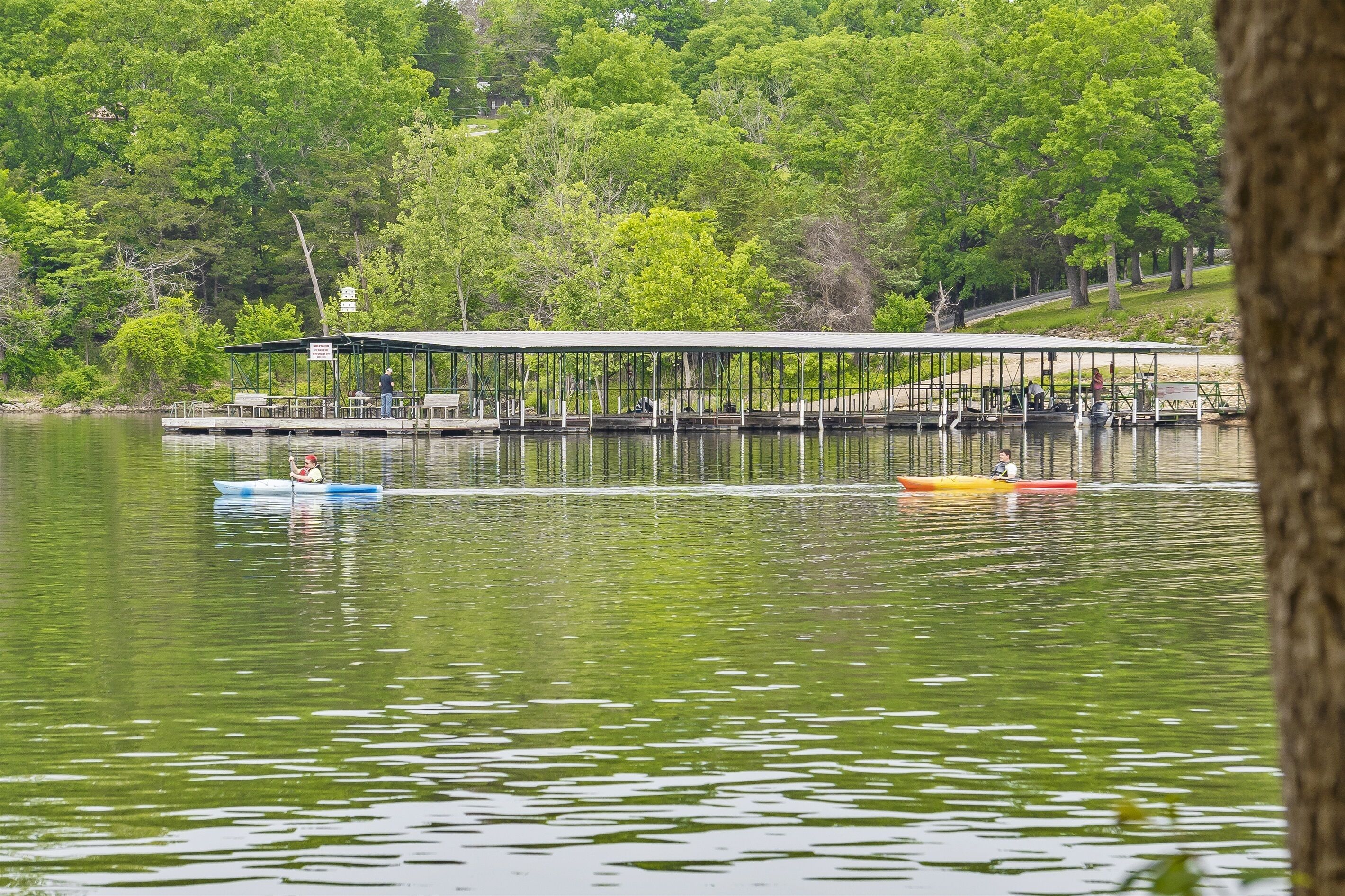 A lakeside pier with a covered seating area and a dock extending into the water.