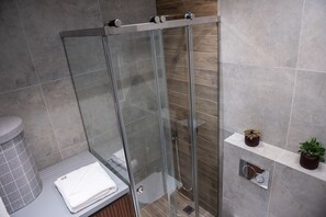 Departamento empresarial, 1 cama Queen size y sofá cama, cocina, vista a la ciudad | Regadera en el baño
